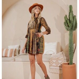 Young Threads Boutique Patchwork Mini Dress Orange Green Plaid Floral Large NWT